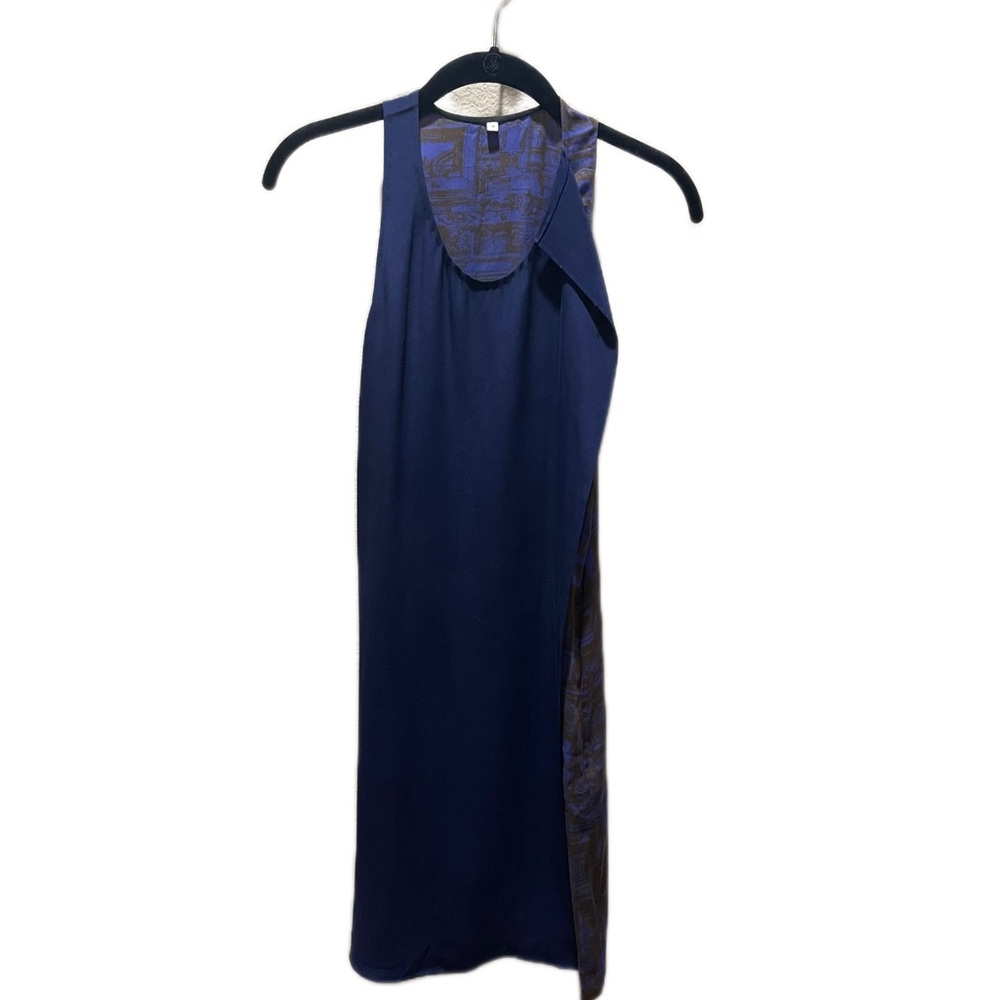 Elegant Navy Silk Dress with Abstract Architectural Print – Size 0